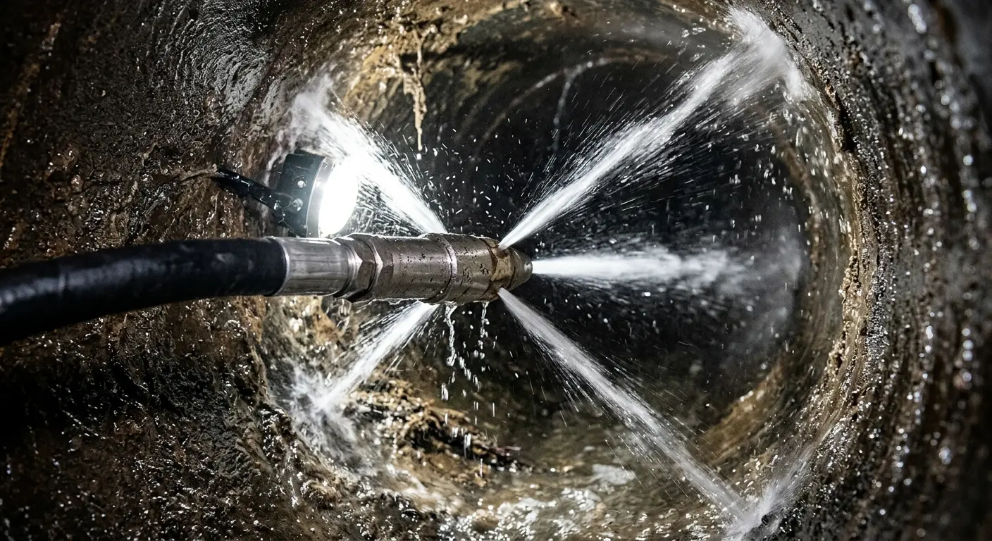 High-pressure hydro jetting nozzle cleaning sewer pipe for Trenchless Sewer Repair in Chillicothe