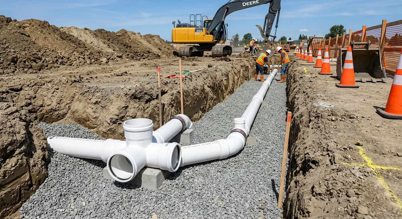 New PVC sewer pipe installation in open trench for Commercial Drain Cleaning in Chillicothe