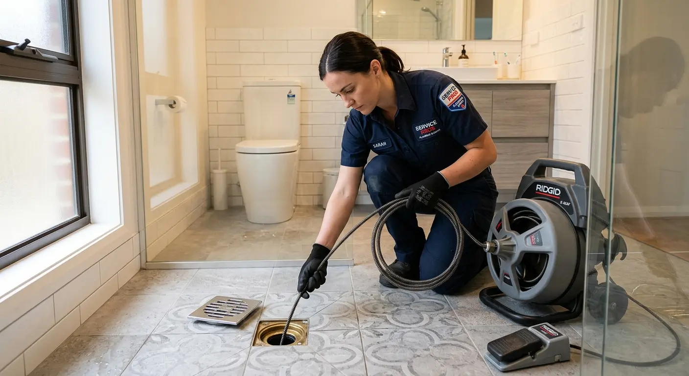 Technician clearing a bathroom floor drain for Clogged Drain Repair in Chillicothe